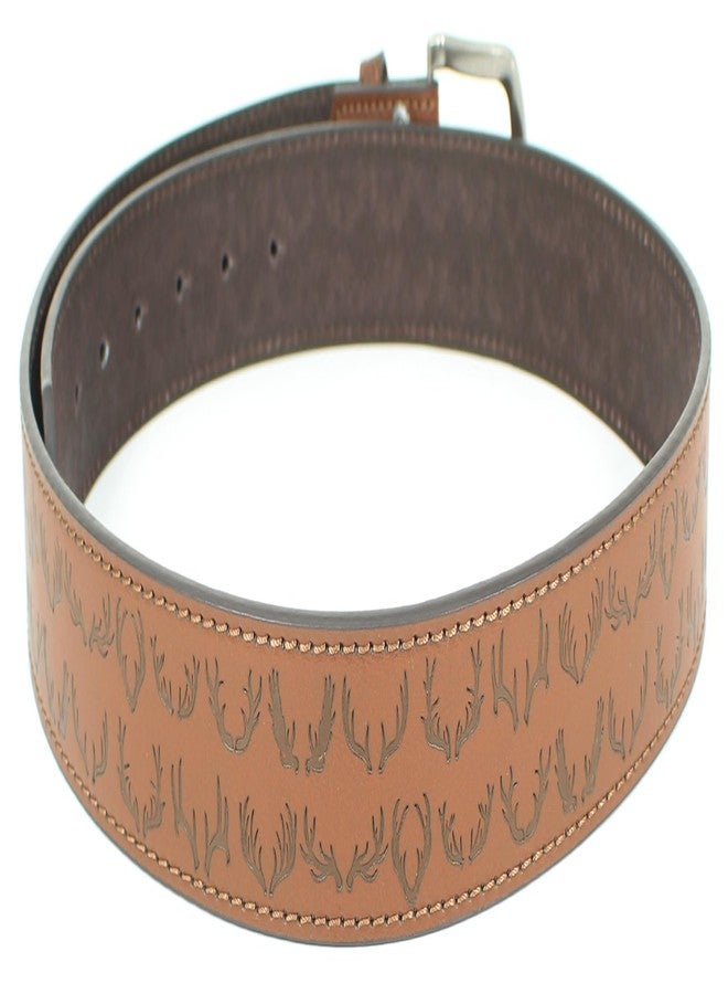 BC Belts حزام من الجلد مع مشبك معدني بعرض 1.5 بوصة مزود بأزرار كبس - حامل صيد على شكل غزال أو أيل أو موس (بني - كبير) - Image 3